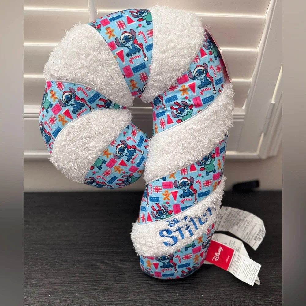 NWT Disney Stitch Candy Cane Blue & White Christmas Present Plush Pillow